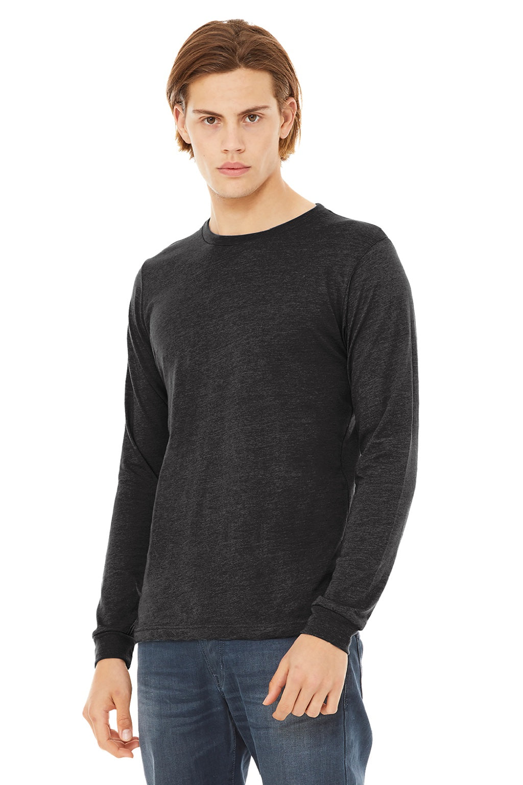 Bella + Canvas BC3513/3513 Mens Jersey Long Sleeve Crewneck T-Shirt Charcoal Black Model 3Q