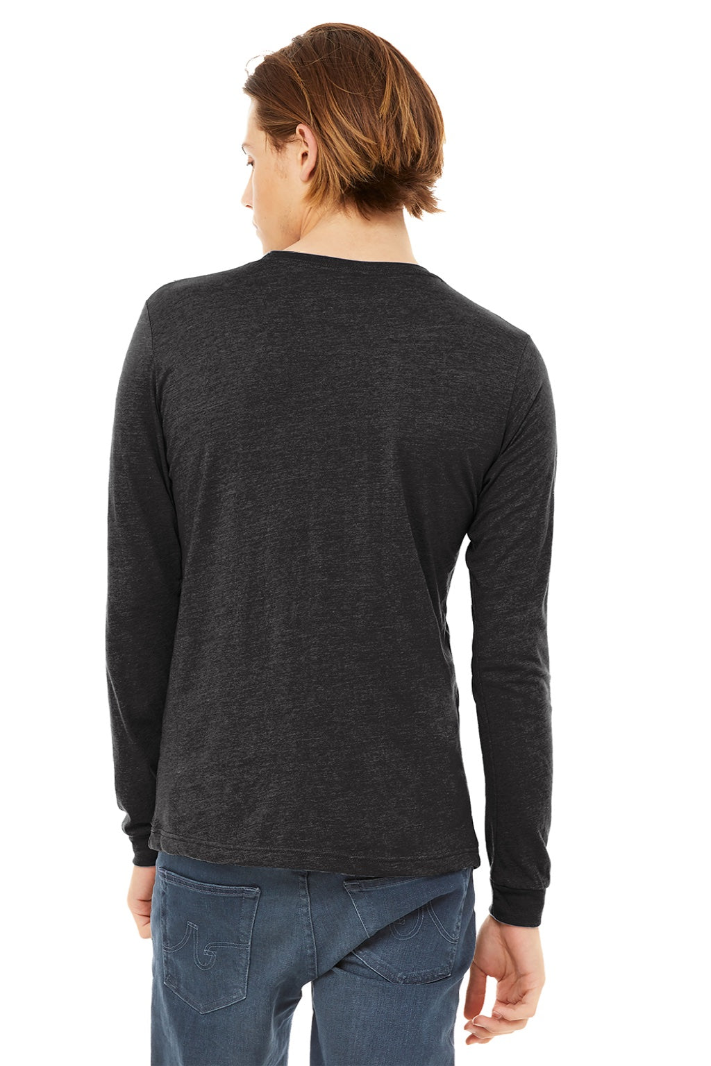 Bella + Canvas BC3513/3513 Mens Jersey Long Sleeve Crewneck T-Shirt Charcoal Black Model Back