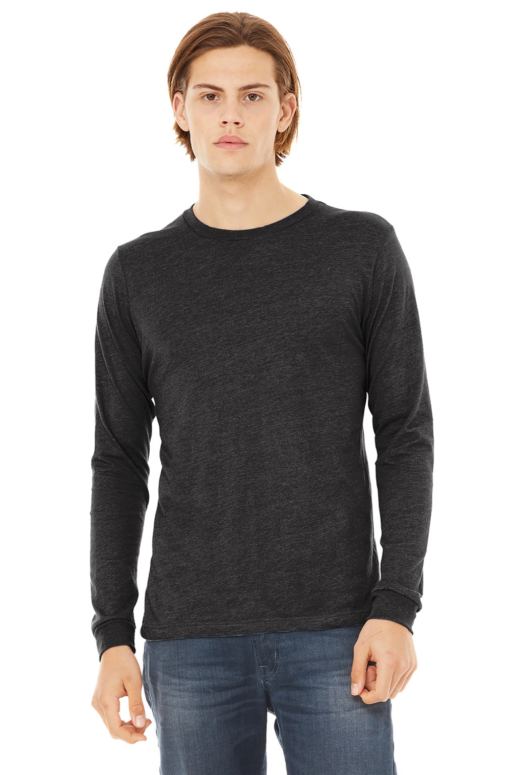 Bella + Canvas BC3513/3513 Mens Jersey Long Sleeve Crewneck T-Shirt Charcoal Black Model Front