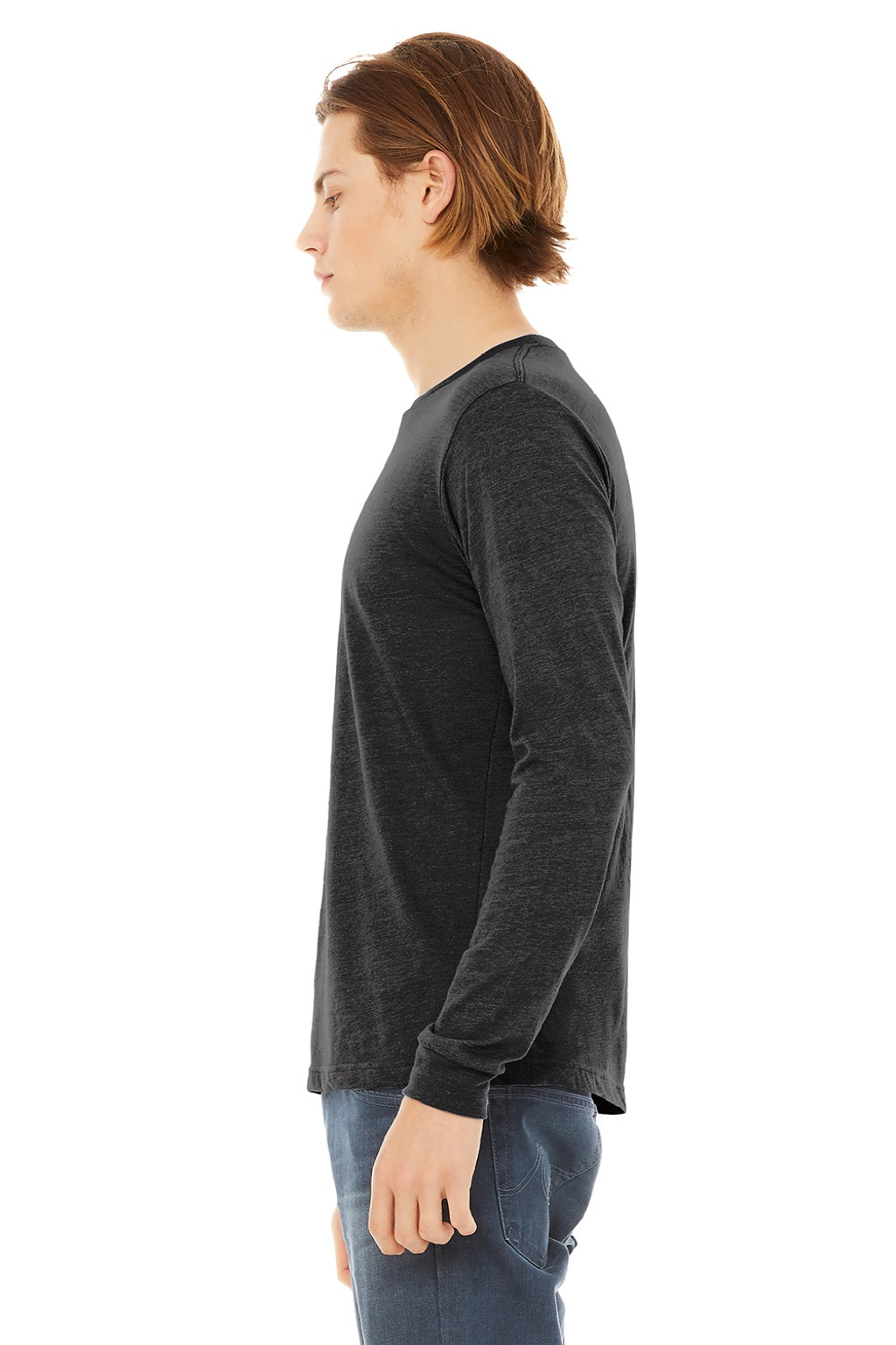 Bella + Canvas BC3513/3513 Mens Jersey Long Sleeve Crewneck T-Shirt Charcoal Black Model Side