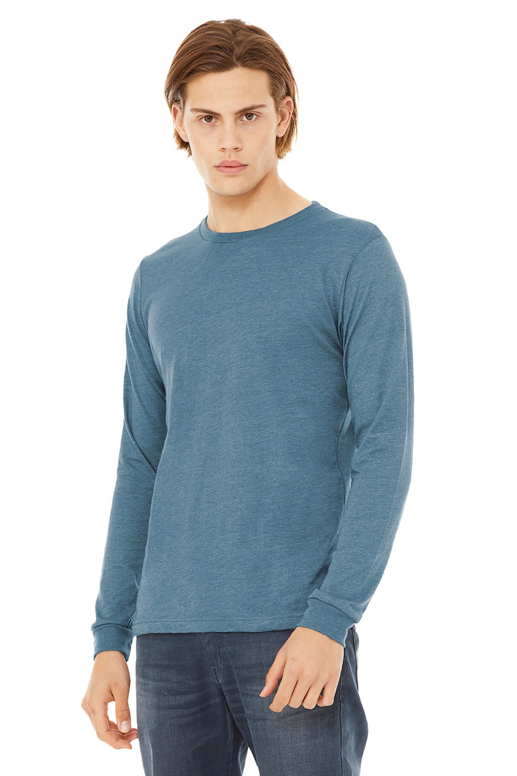 Bella + Canvas BC3513/3513 Mens Jersey Long Sleeve Crewneck T-Shirt Denim Blue Model 3Q