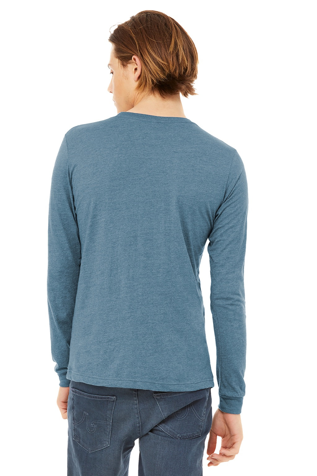 Bella + Canvas BC3513/3513 Mens Jersey Long Sleeve Crewneck T-Shirt Denim Blue Model Back