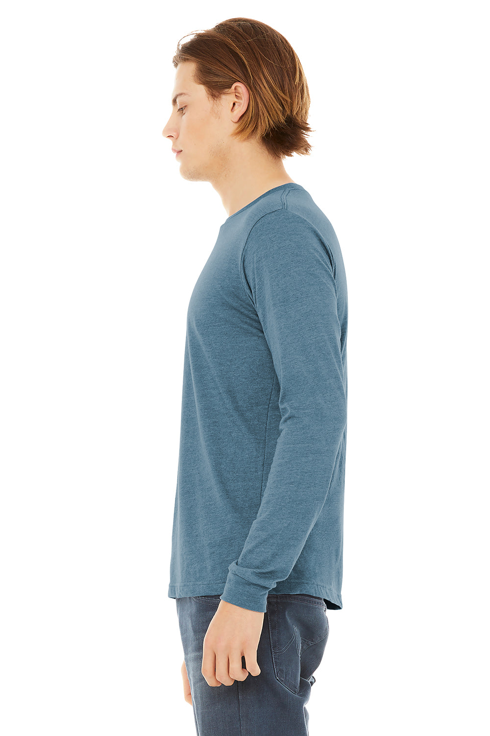 Bella + Canvas BC3513 Mens Long Sleeve Crewneck T-Shirt Denim Blue Model Side