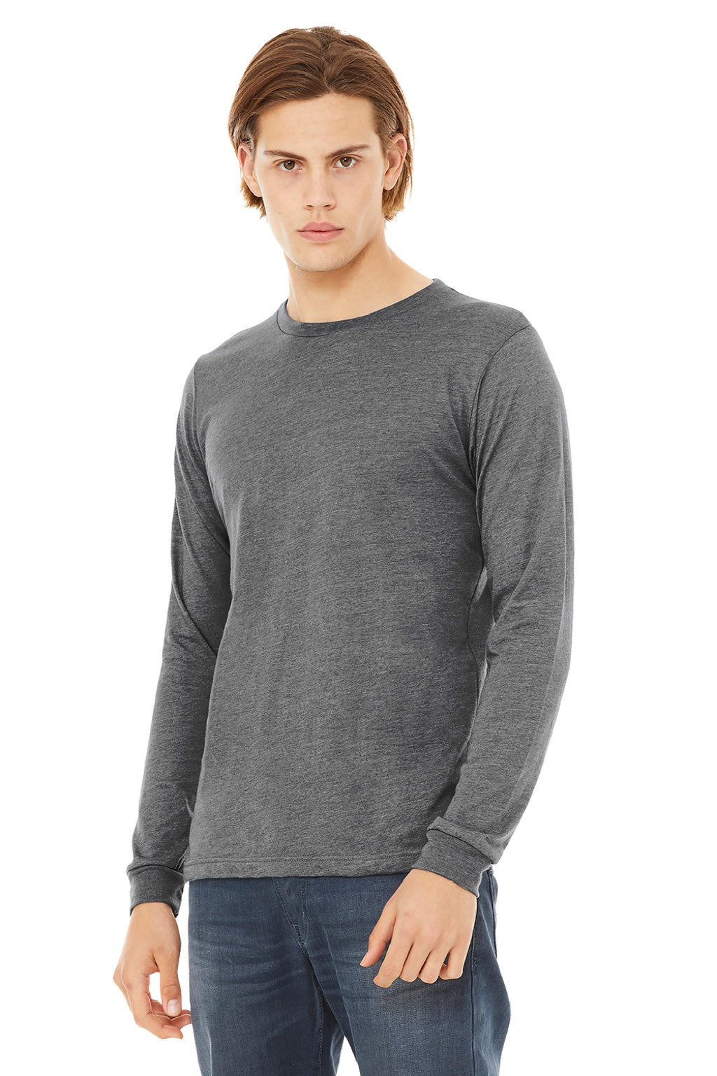 Bella + Canvas BC3513/3513 Mens Jersey Long Sleeve Crewneck T-Shirt Grey Model 3Q