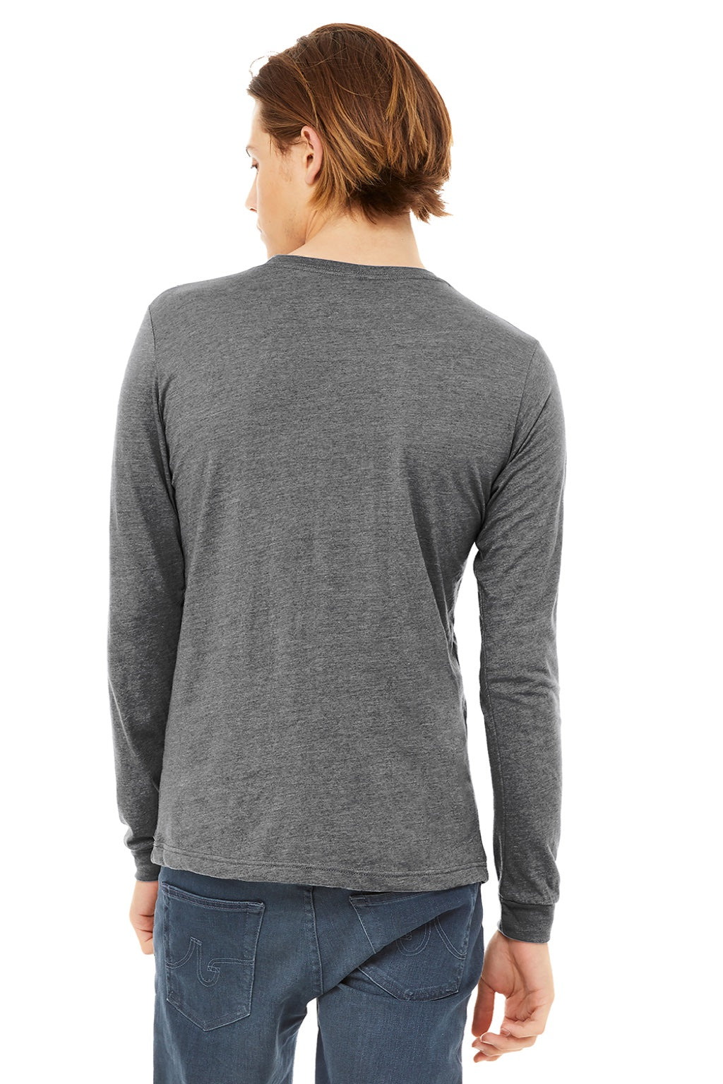 Bella + Canvas BC3513/3513 Mens Jersey Long Sleeve Crewneck T-Shirt Grey Model Back