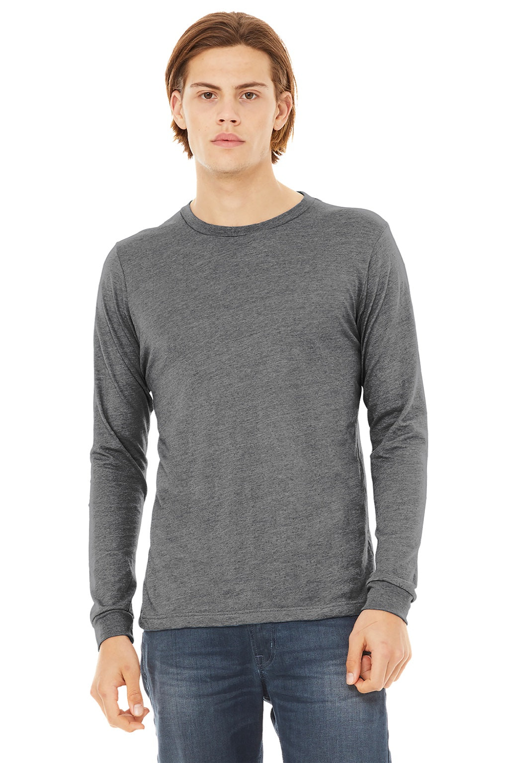 Bella + Canvas BC3513/3513 Mens Jersey Long Sleeve Crewneck T-Shirt Grey Model Front