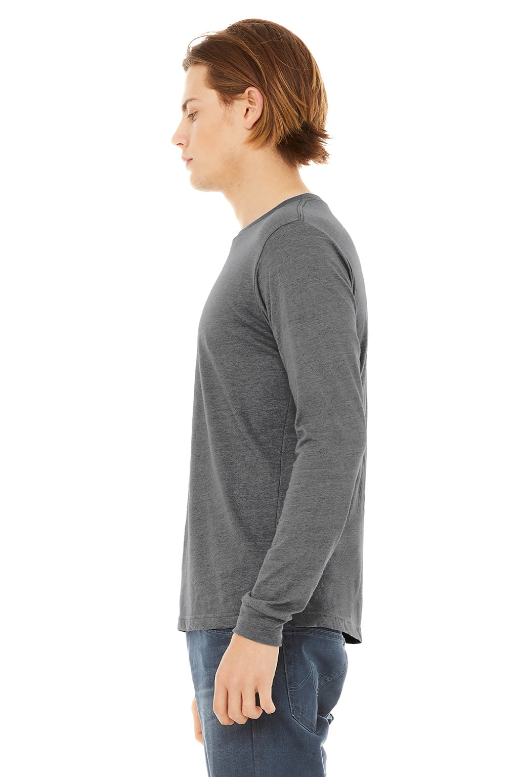 Bella + Canvas BC3513/3513 Mens Jersey Long Sleeve Crewneck T-Shirt Grey Model Side