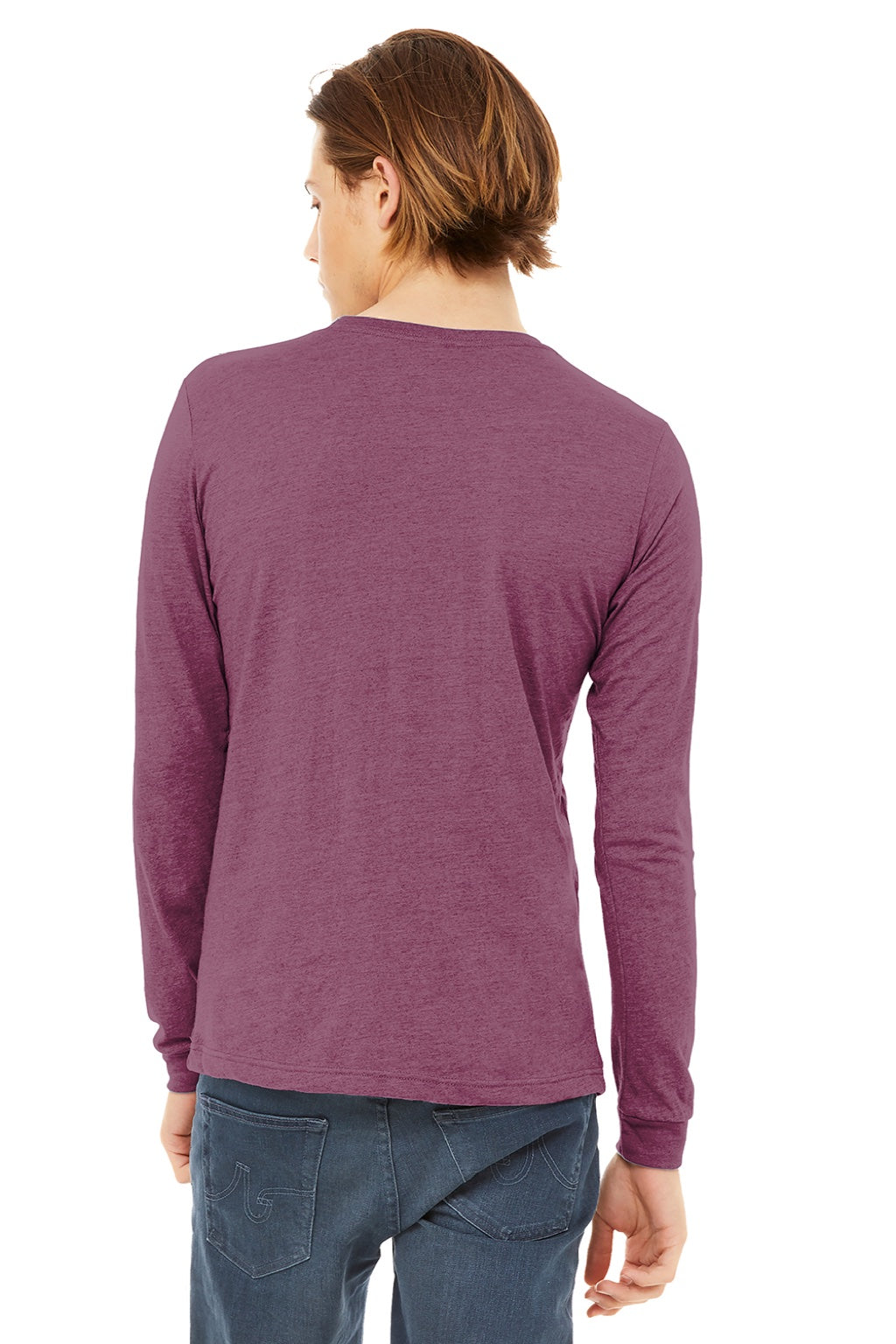 Bella + Canvas BC3513/3513 Mens Jersey Long Sleeve Crewneck T-Shirt Maroon Model Back