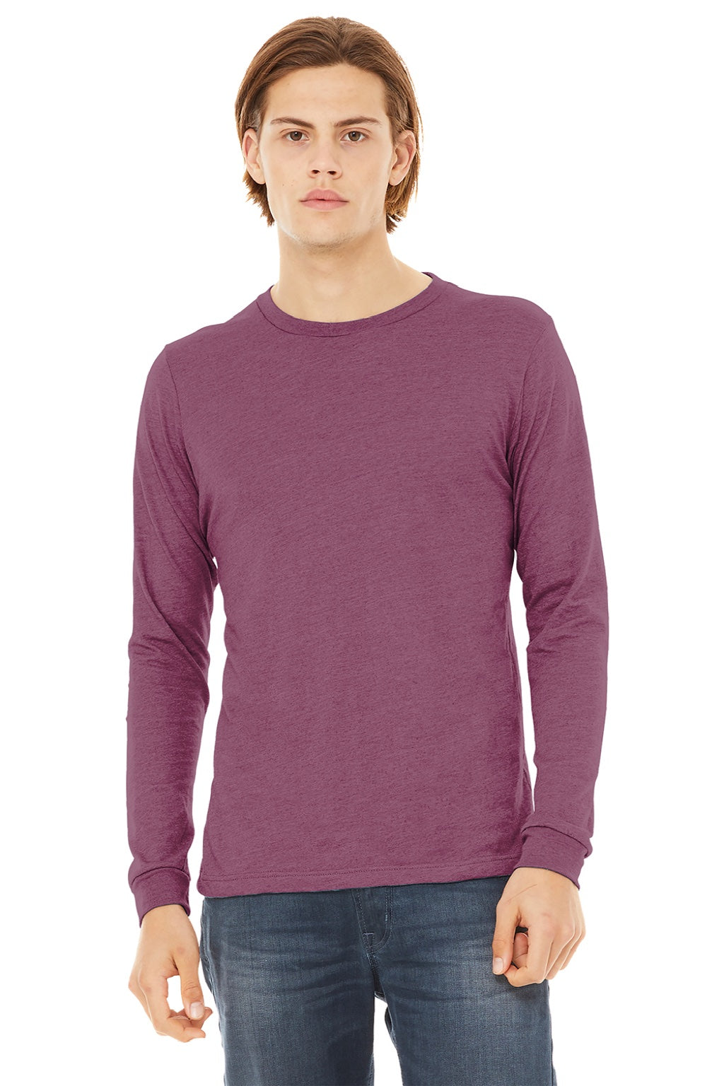 Bella + Canvas BC3513/3513 Mens Jersey Long Sleeve Crewneck T-Shirt Maroon Model Front