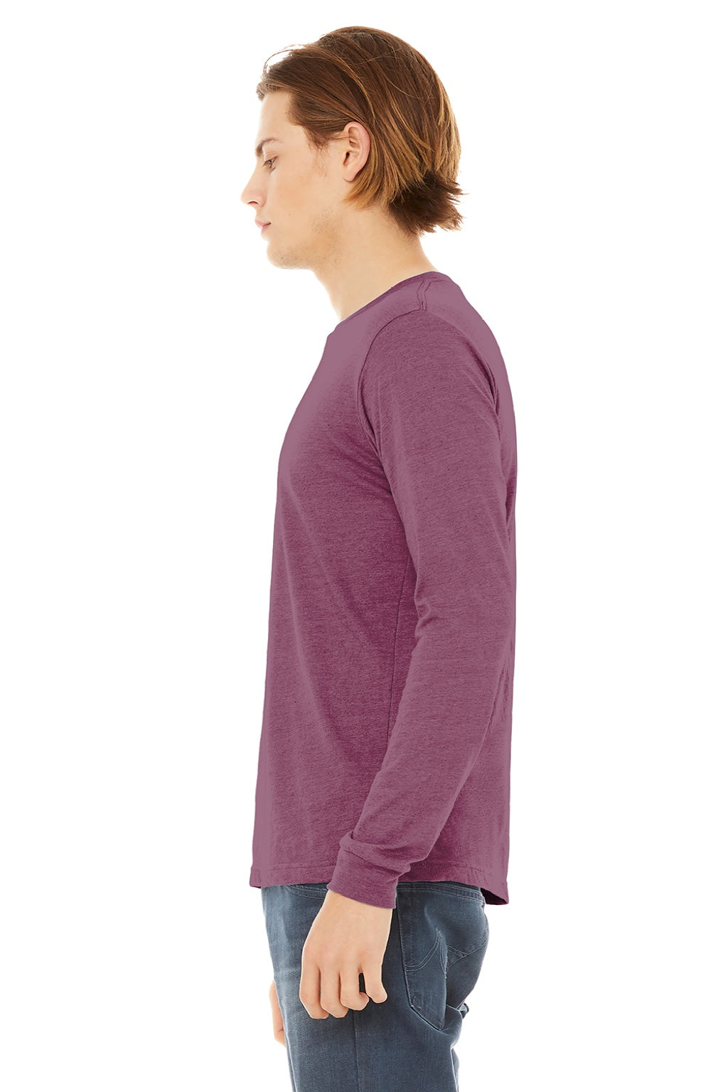 Bella + Canvas BC3513/3513 Mens Jersey Long Sleeve Crewneck T-Shirt Maroon Model Side
