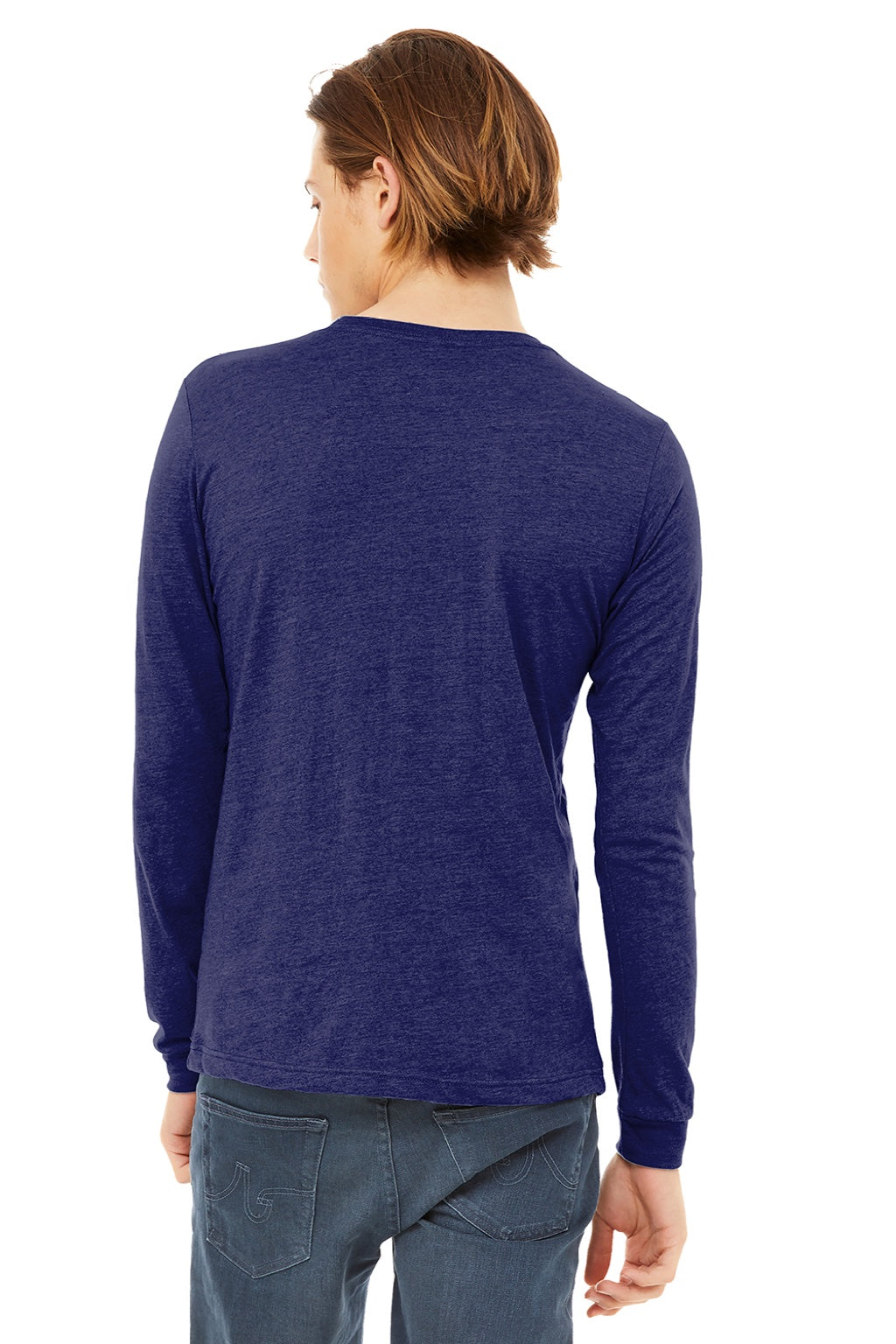 Bella + Canvas BC3513/3513 Mens Jersey Long Sleeve Crewneck T-Shirt Navy Blue Model Back