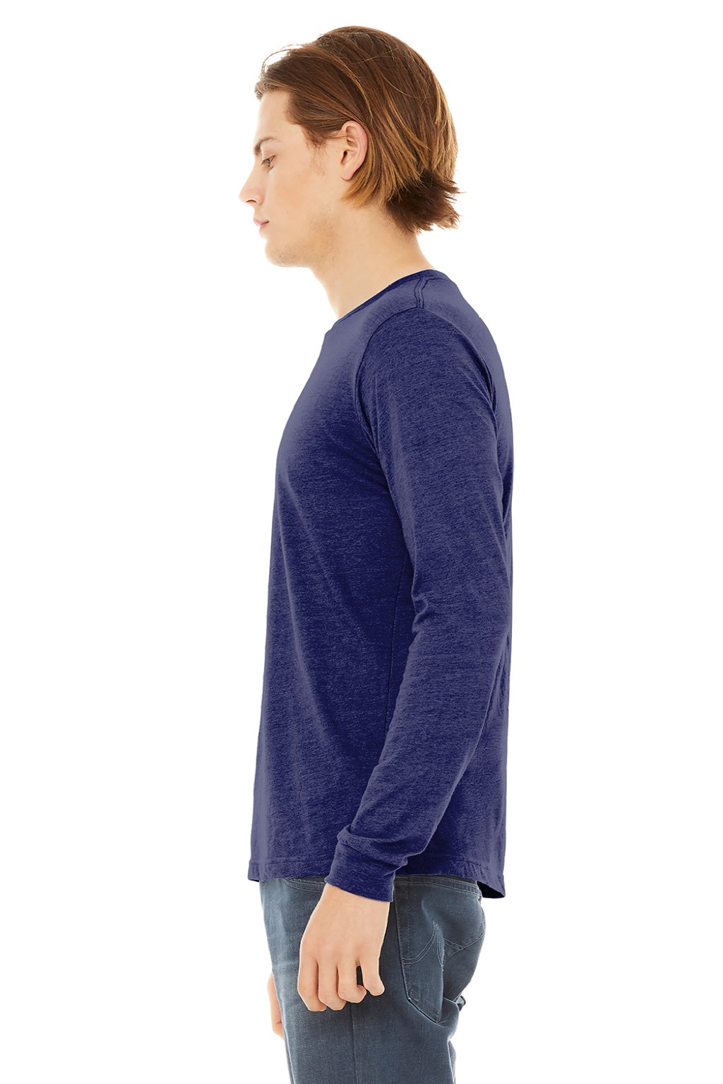 Bella + Canvas BC3513/3513 Mens Jersey Long Sleeve Crewneck T-Shirt Navy Blue Model Side