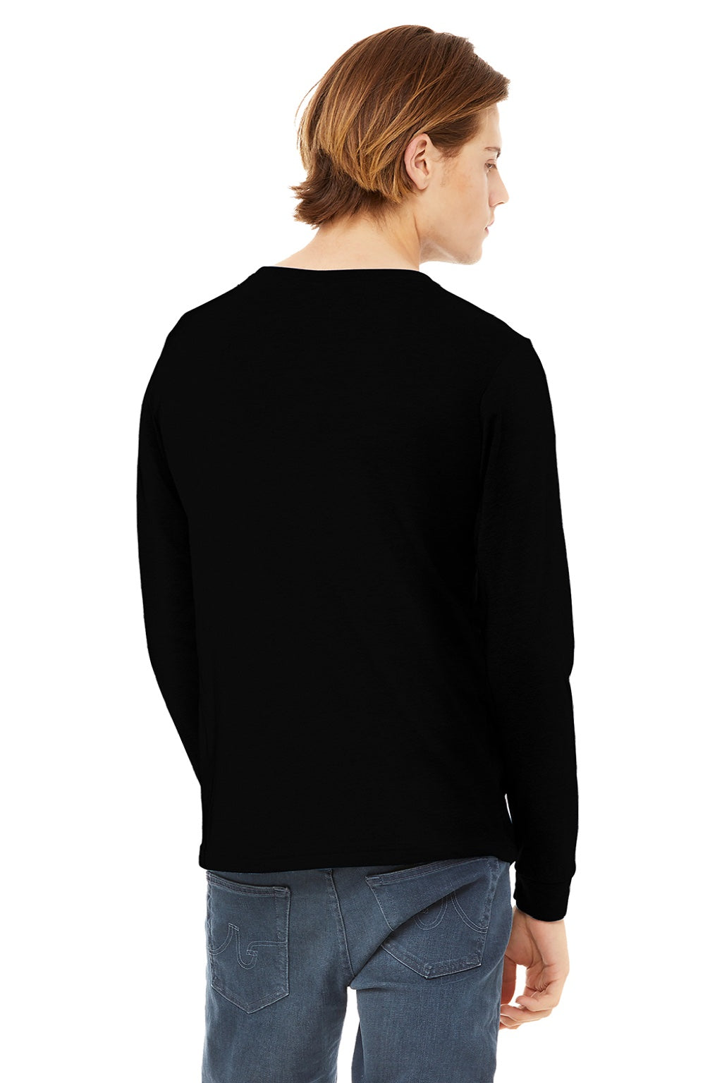 Bella + Canvas BC3513/3513 Mens Jersey Long Sleeve Crewneck T-Shirt Solid Black Triblend Model Back