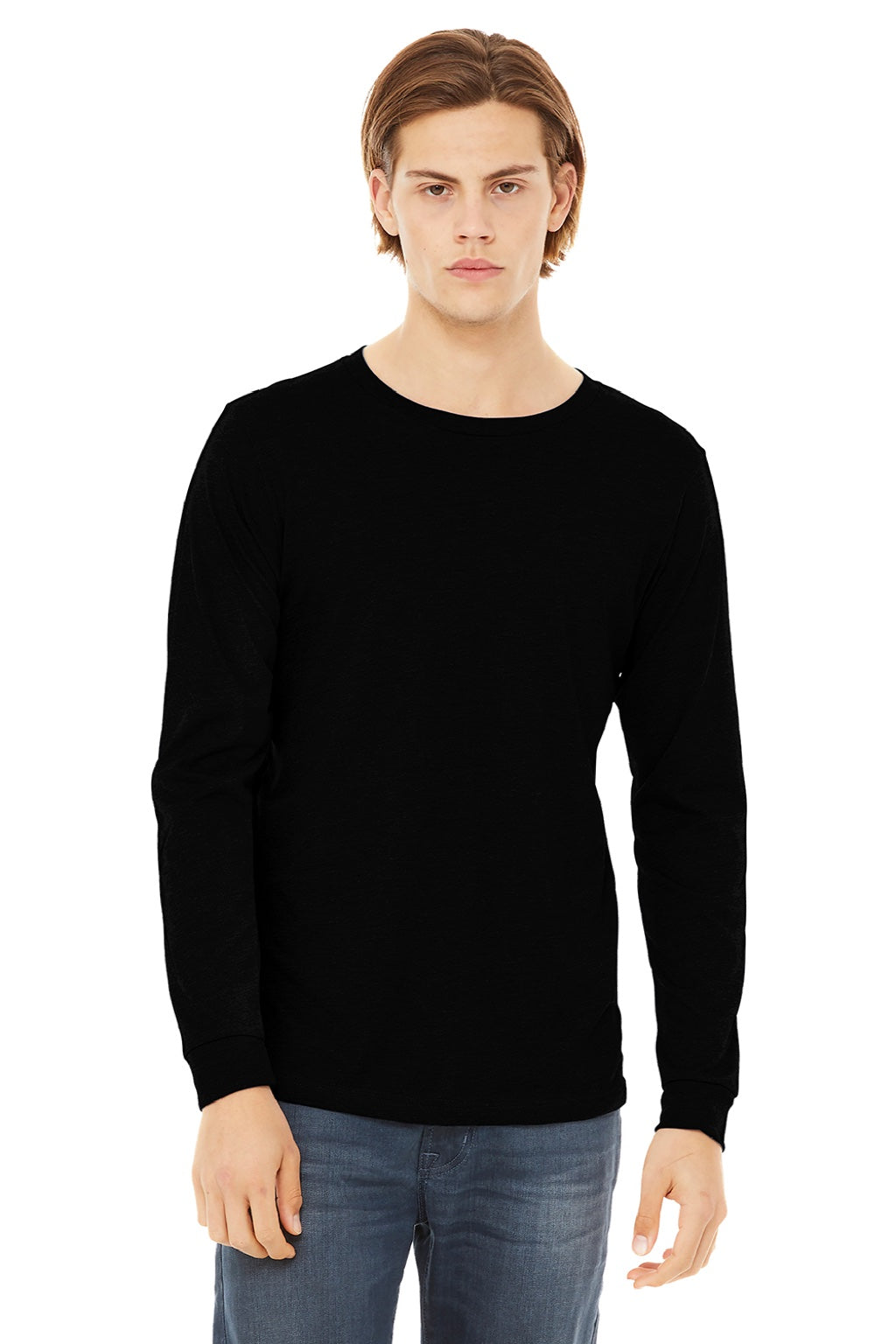 Bella + Canvas BC3513/3513 Mens Jersey Long Sleeve Crewneck T-Shirt Solid Black Triblend Model Front