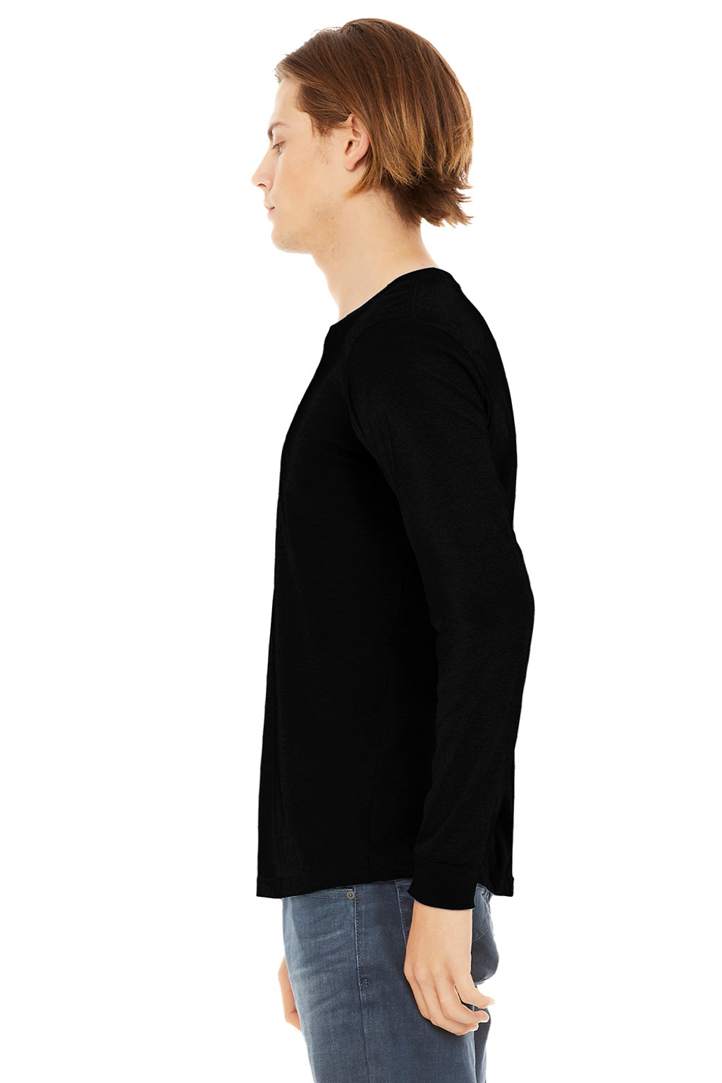 Bella + Canvas BC3513/3513 Mens Jersey Long Sleeve Crewneck T-Shirt Solid Black Triblend Model Side