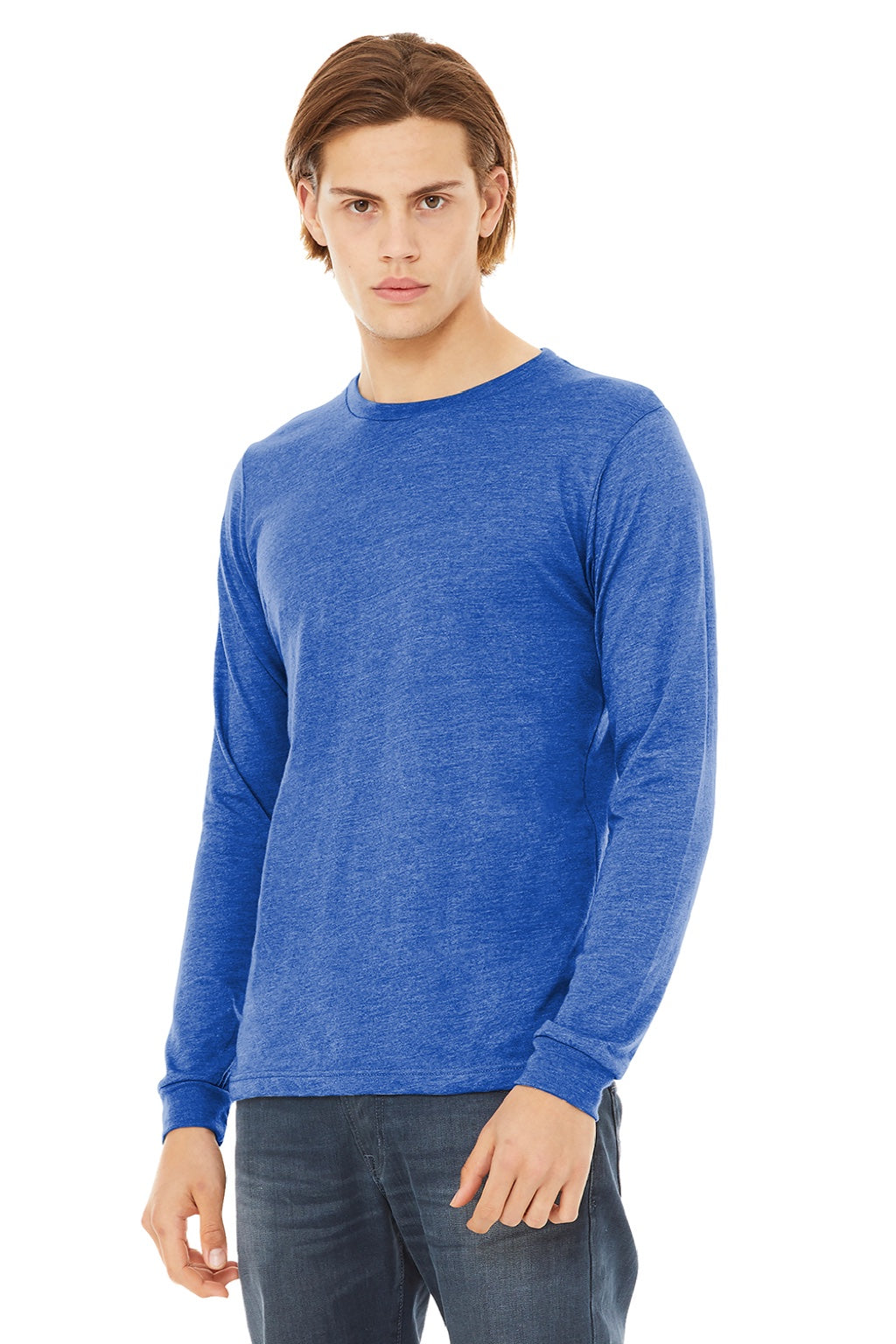 Bella + Canvas BC3513/3513 Mens Jersey Long Sleeve Crewneck T-Shirt True Royal Blue Model 3Q