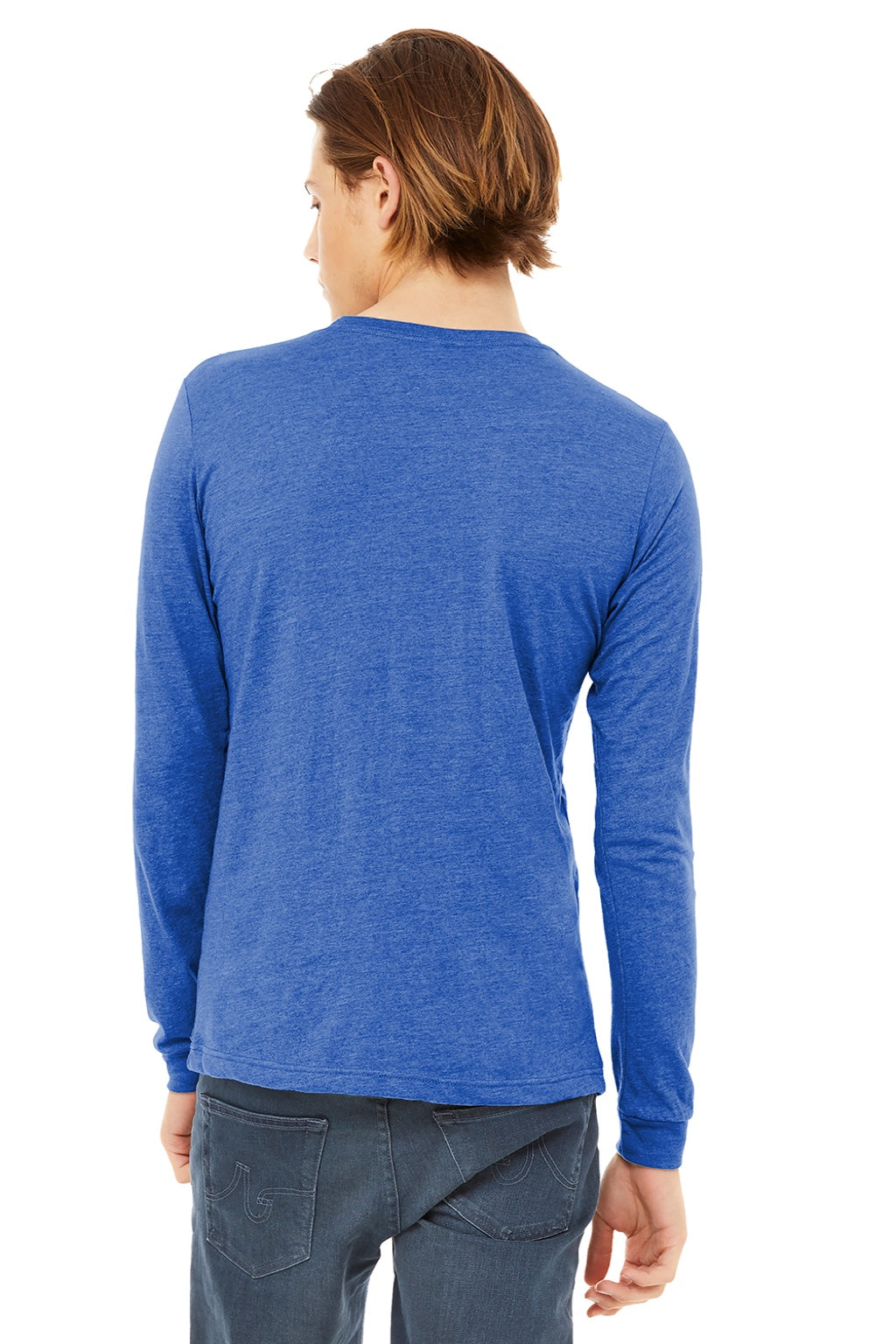 Bella + Canvas BC3513/3513 Mens Jersey Long Sleeve Crewneck T-Shirt True Royal Blue Model Back