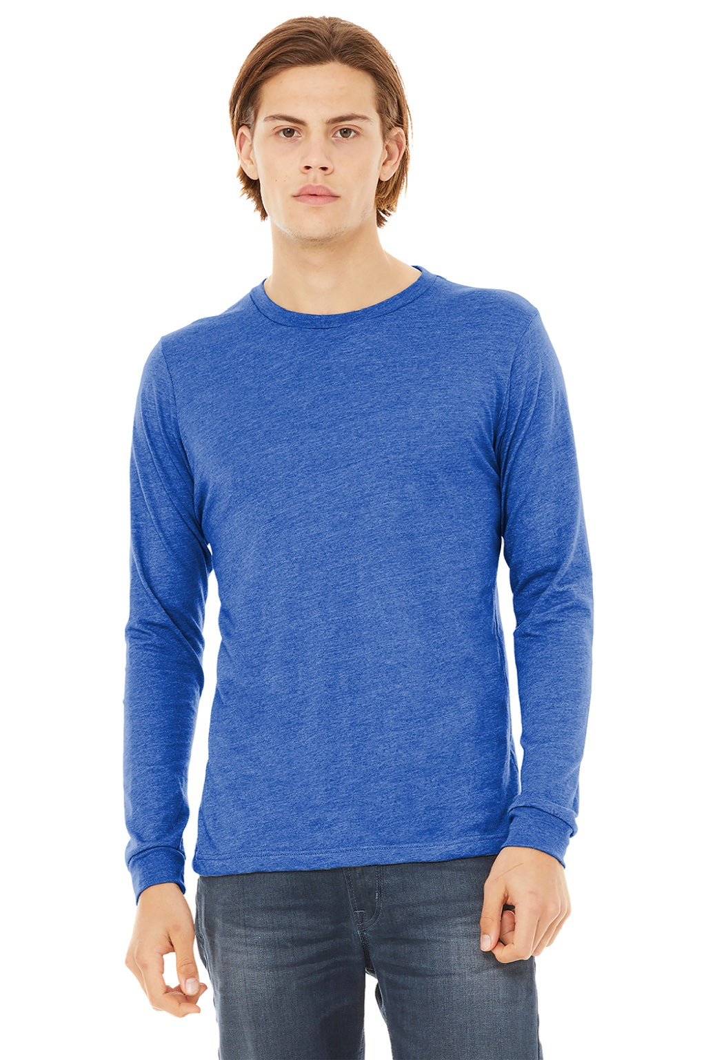 Bella + Canvas BC3513/3513 Mens Jersey Long Sleeve Crewneck T-Shirt True Royal Blue Model Front