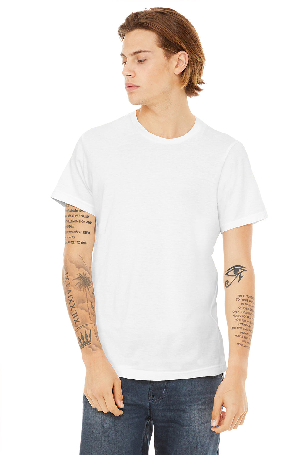Bella + Canvas BC3650/3650 Mens Short Sleeve Crewneck T-Shirt White Model Front