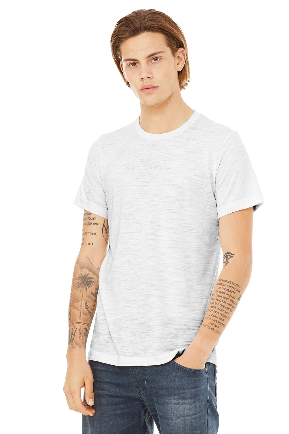 Bella + Canvas BC3650/3650 Mens Short Sleeve Crewneck T-Shirt White Slub Model 3Q