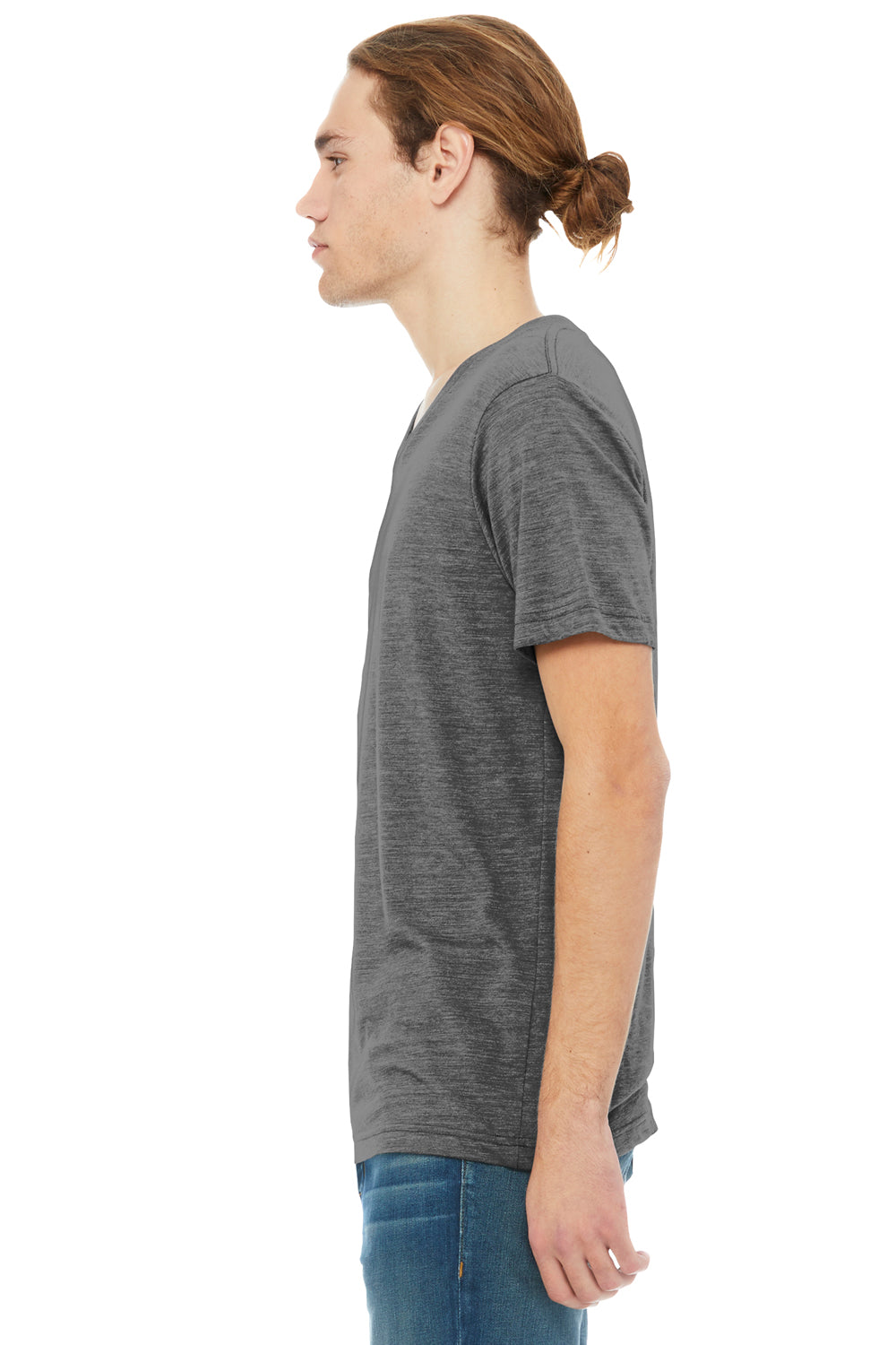 Bella + Canvas BC3655/3655C Mens Textured Jersey Short Sleeve V-Neck T-Shirt Asphalt Grey Slub Model Side