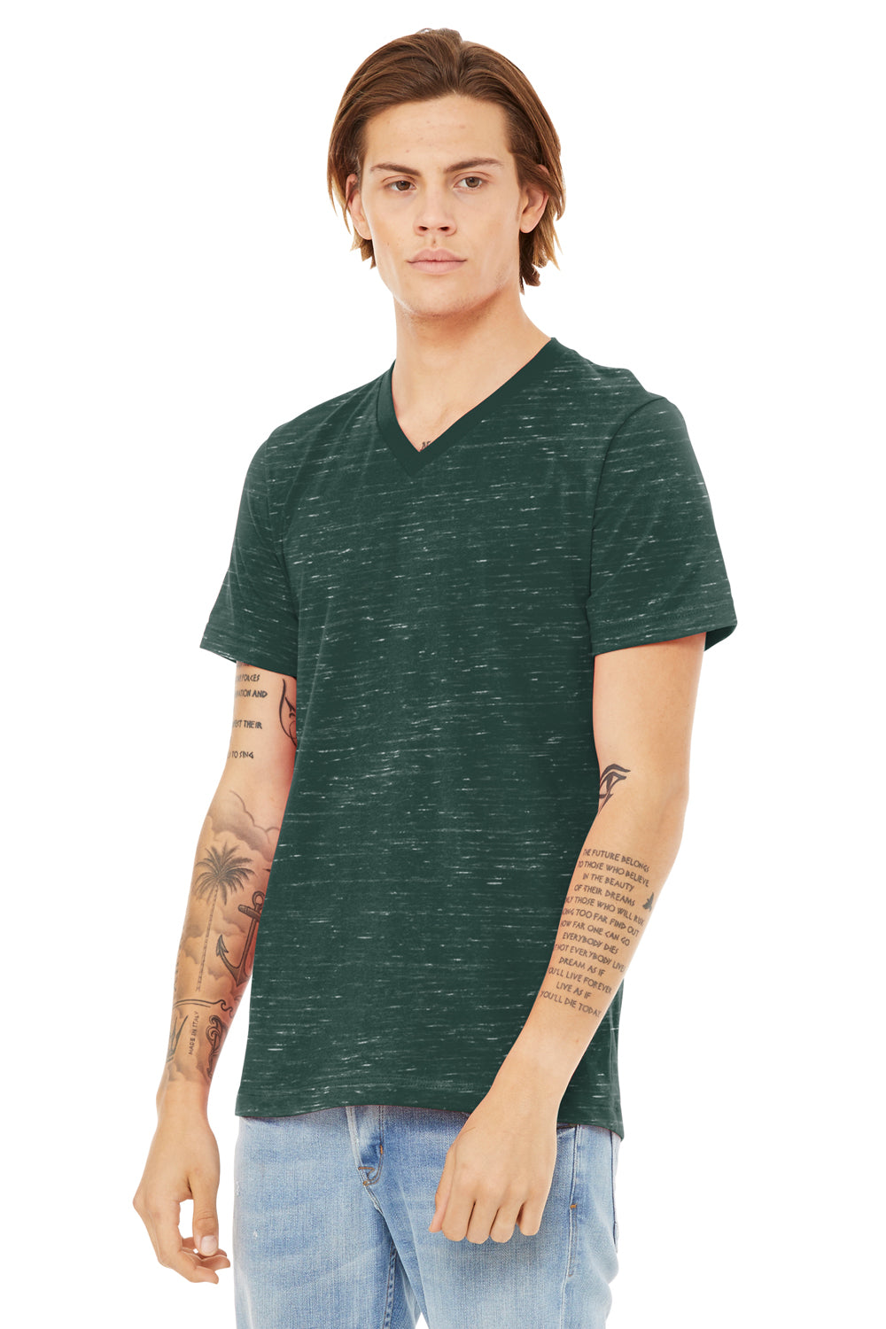 Bella + Canvas BC3655/3655C Mens Textured Jersey Short Sleeve V-Neck T-Shirt Forest Green Marble Model 3Q
