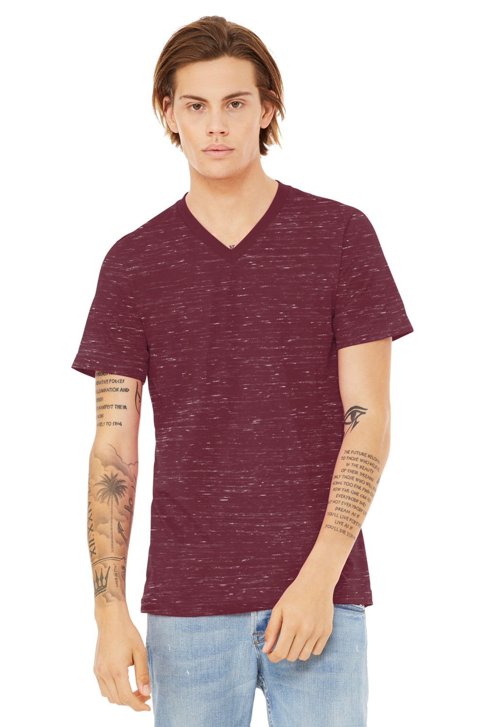 Bella + Canvas BC3655/3655C Mens Textured Jersey Short Sleeve V-Neck T-Shirt Maroon Marble Model Front