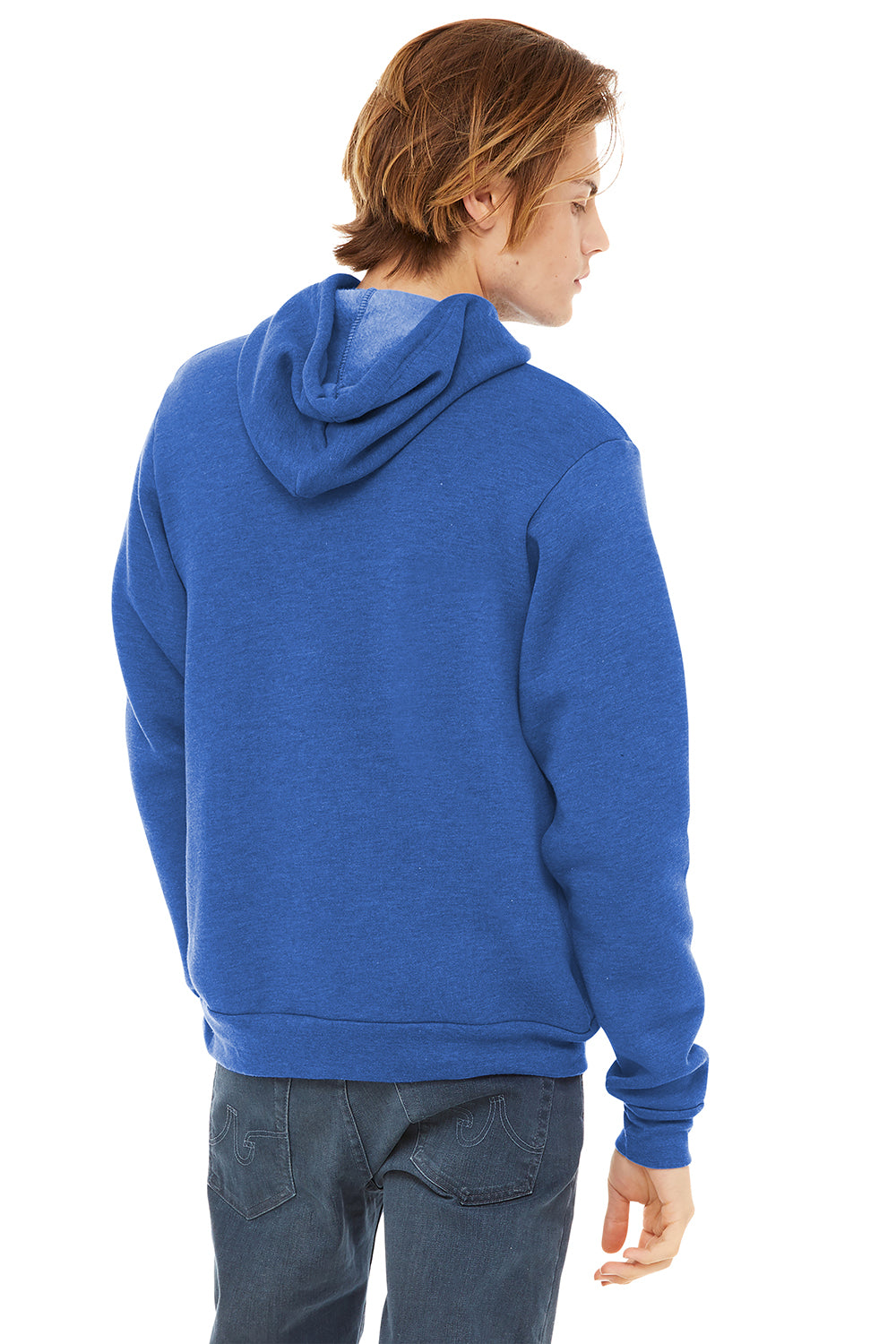 Bella + Canvas BC3719/3719 Mens Sponge Fleece Hooded Sweatshirt Hoodie Heather True Royal Blue Model Back