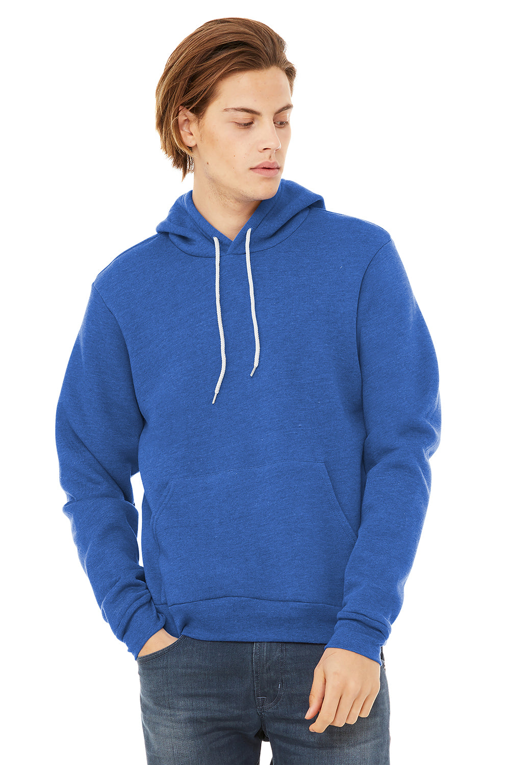 Bella + Canvas BC3719/3719 Mens Sponge Fleece Hooded Sweatshirt Hoodie Heather True Royal Blue Model Front