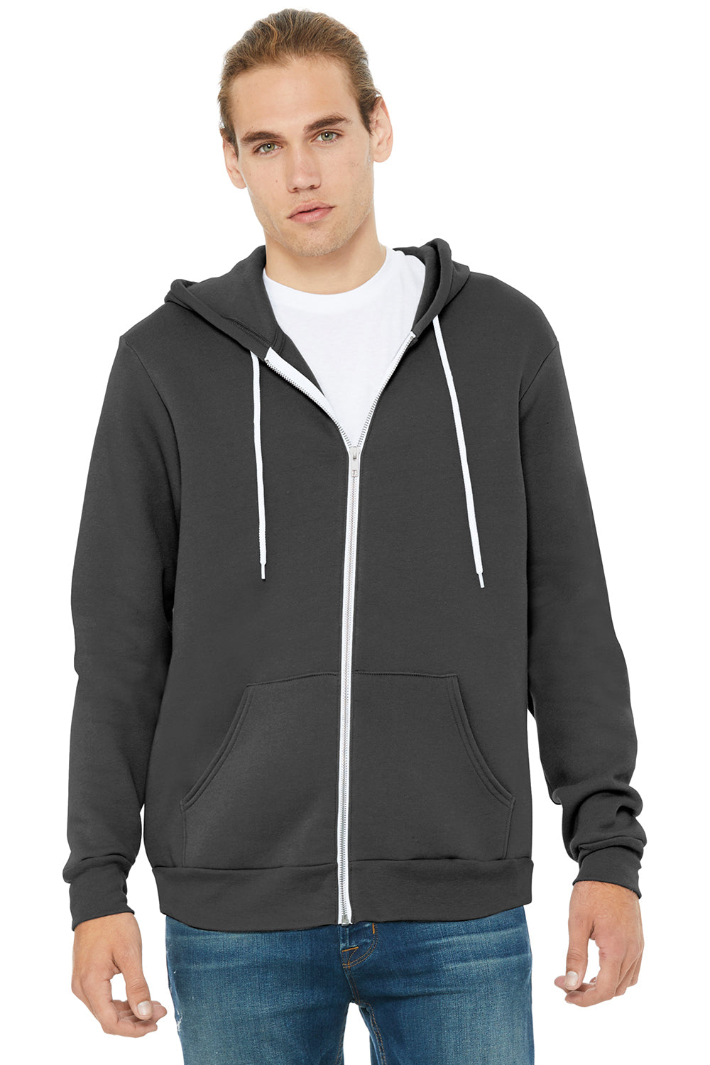 Bella + Canvas BC3739/3739 Mens Fleece Full Zip Hooded Sweatshirt Hoodie Asphalt Grey Model Front