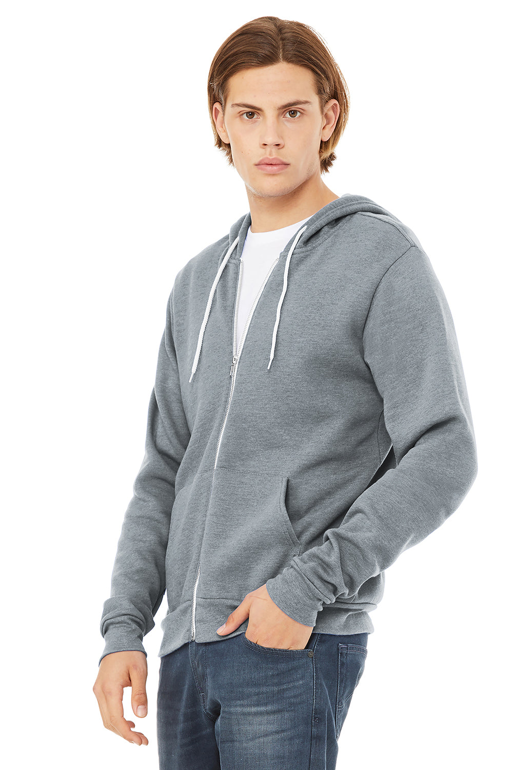 Bella + Canvas BC3739/3739 Mens Fleece Full Zip Hooded Sweatshirt Hoodie Heather Grey Model 3Q