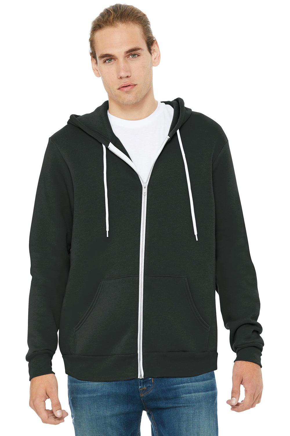 Bella + Canvas BC3739/3739 Mens Fleece Full Zip Hooded Sweatshirt Hoodie w/ Pockets DTG Dark Grey Model Front