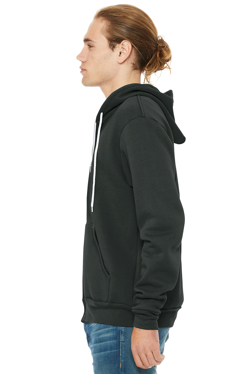 Bella + Canvas BC3739/3739 Mens Fleece Full Zip Hooded Sweatshirt Hoodie w/ Pockets DTG Dark Grey Model Side