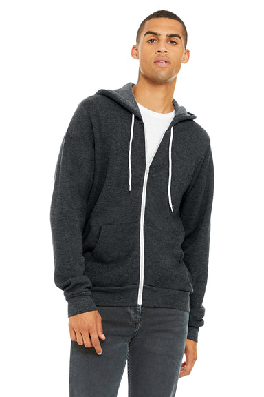Bella + Canvas BC3739/3739 Mens Fleece Full Zip Hooded Sweatshirt Hoodie w/ Pockets Heather Dark Grey Model Front