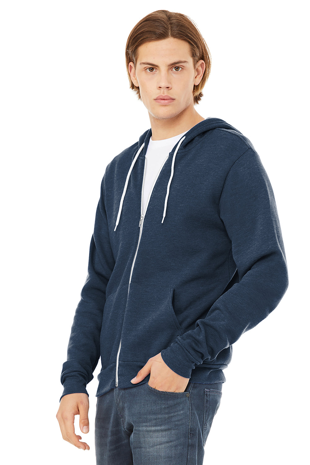 Bella + Canvas BC3739/3739 Mens Fleece Full Zip Hooded Sweatshirt Hoodie Heather Navy Blue Model 3Q
