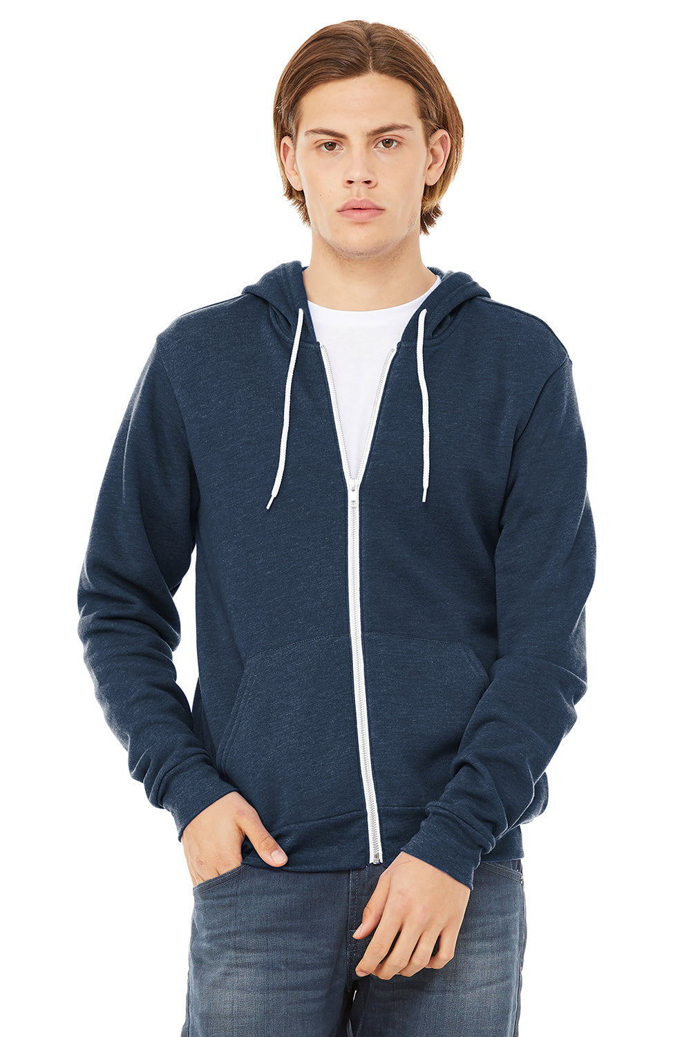 Bella + Canvas BC3739/3739 Mens Fleece Full Zip Hooded Sweatshirt Hoodie Heather Navy Blue Model Front