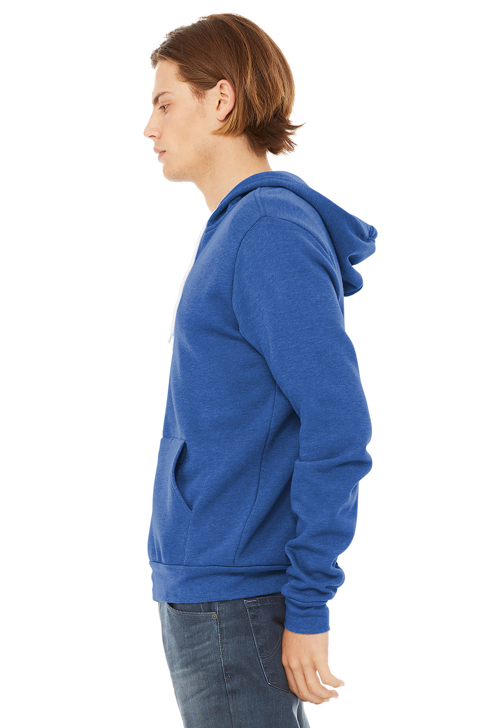 Bella + Canvas BC3739/3739 Mens Fleece Full Zip Hooded Sweatshirt Hoodie Heather True Royal Blue Model Side