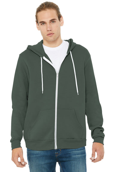 Bella + Canvas BC3739/3739 Mens Fleece Full Zip Hooded Sweatshirt Hoodie w/ Pockets Military Green Model Front