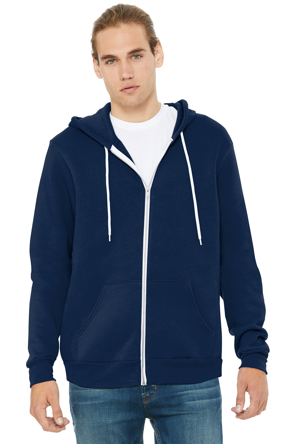 Bella + Canvas BC3739/3739 Mens Fleece Full Zip Hooded Sweatshirt Hoodie Navy Blue Model Front