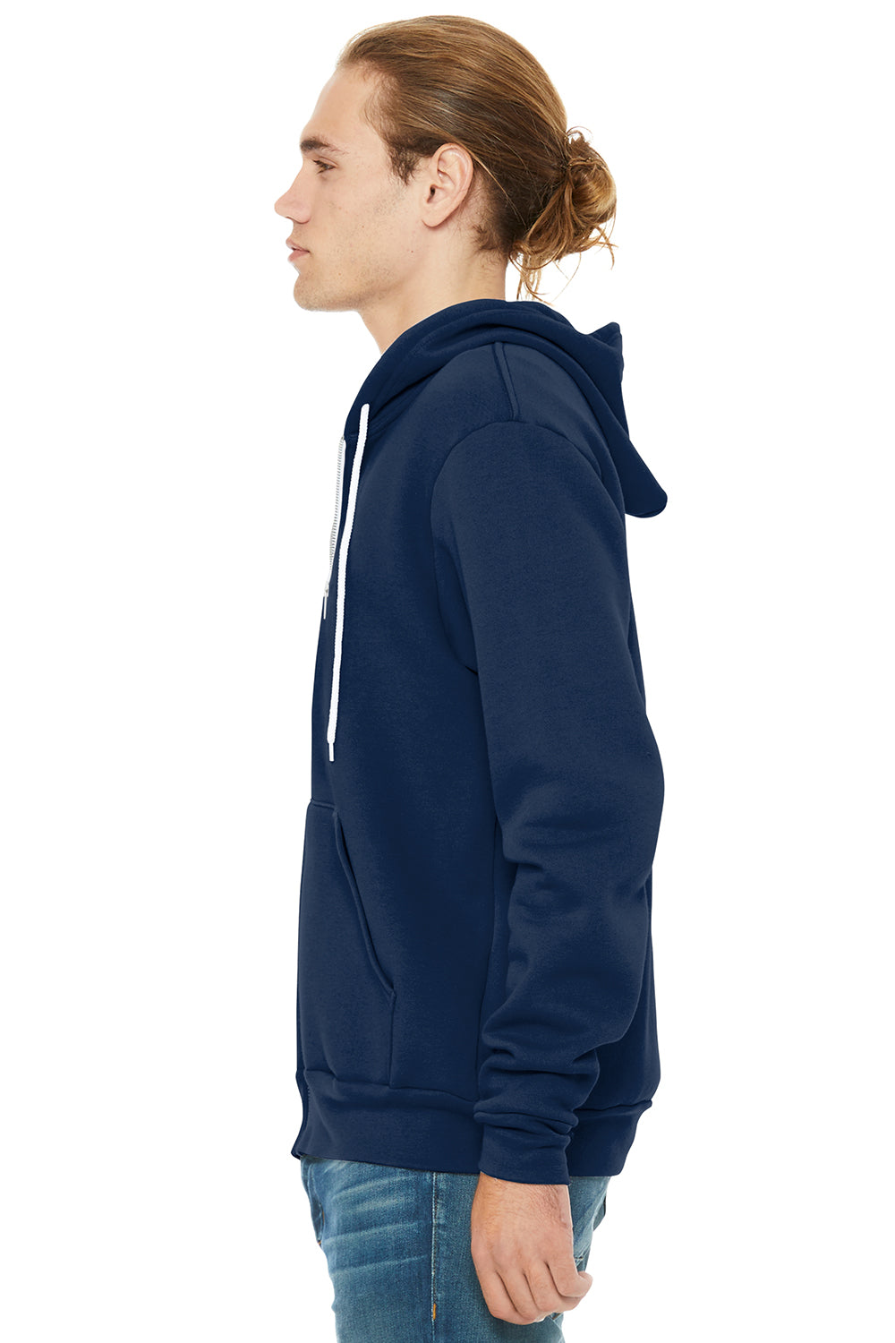 Bella + Canvas BC3739/3739 Mens Fleece Full Zip Hooded Sweatshirt Hoodie Navy Blue Model Side