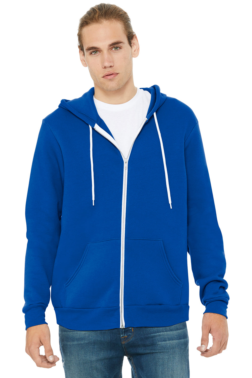 Bella + Canvas BC3739/3739 Mens Fleece Full Zip Hooded Sweatshirt Hoodie True Royal Blue Model Front