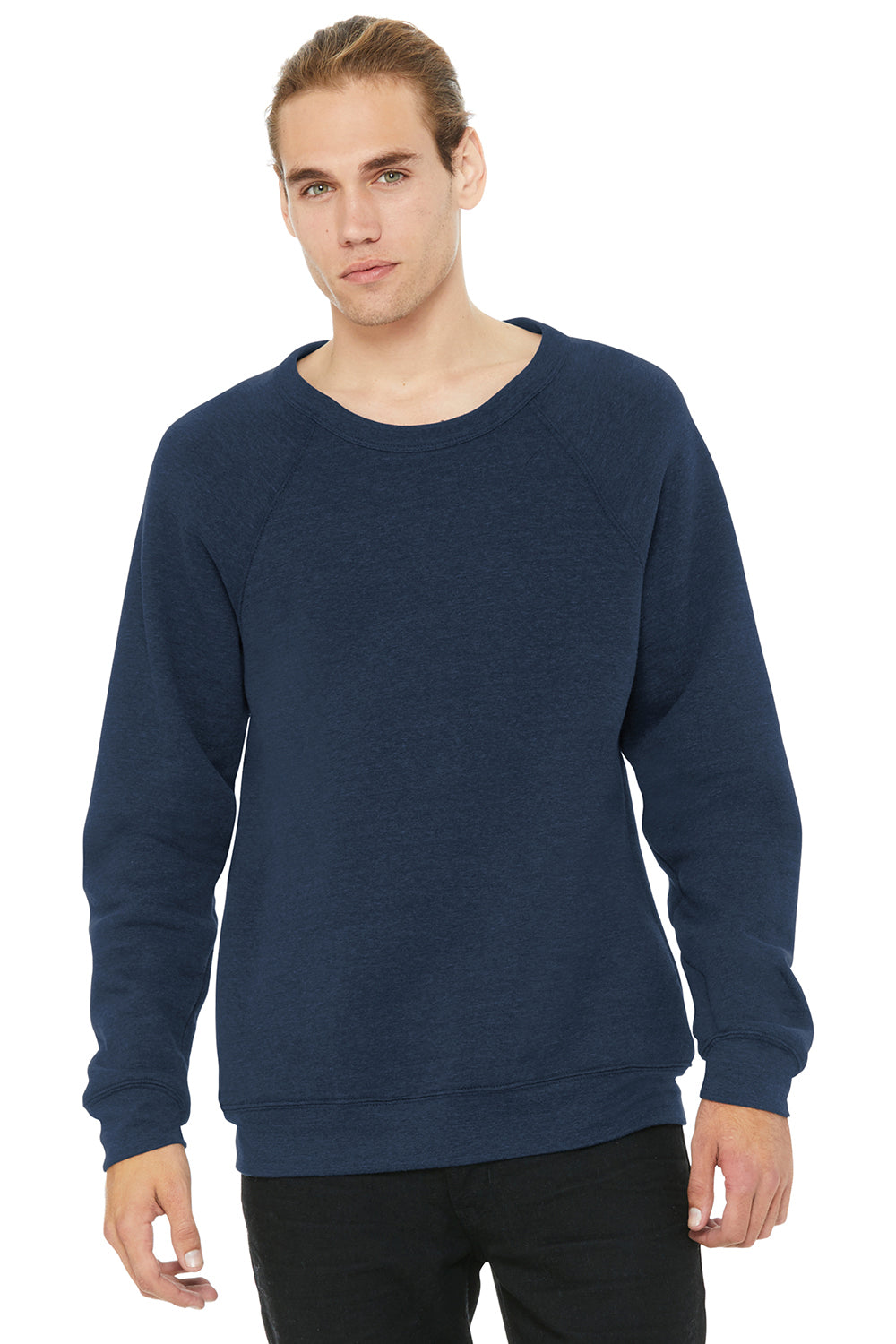 Bella + Canvas BC3901/3901 Mens Sponge Fleece Crewneck Sweatshirt Heather Navy Blue Model Front