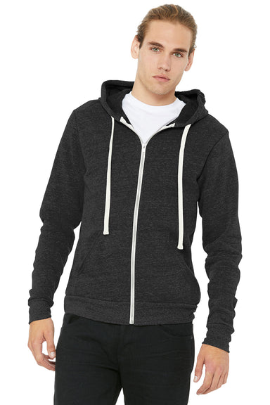 Bella + Canvas BC3909/3909 Mens Sponge Fleece Full Zip Hooded Sweatshirt Hoodie w/ Pockets Charcoal Black Model Front