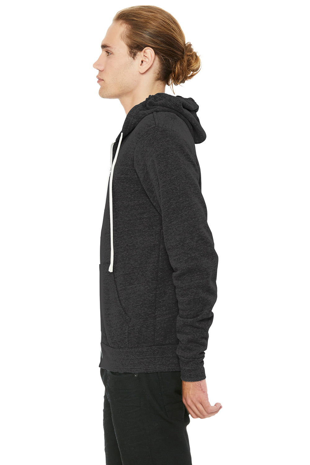 Bella + Canvas BC3909/3909 Mens Sponge Fleece Full Zip Hooded Sweatshirt Hoodie Charcoal Black Model Side