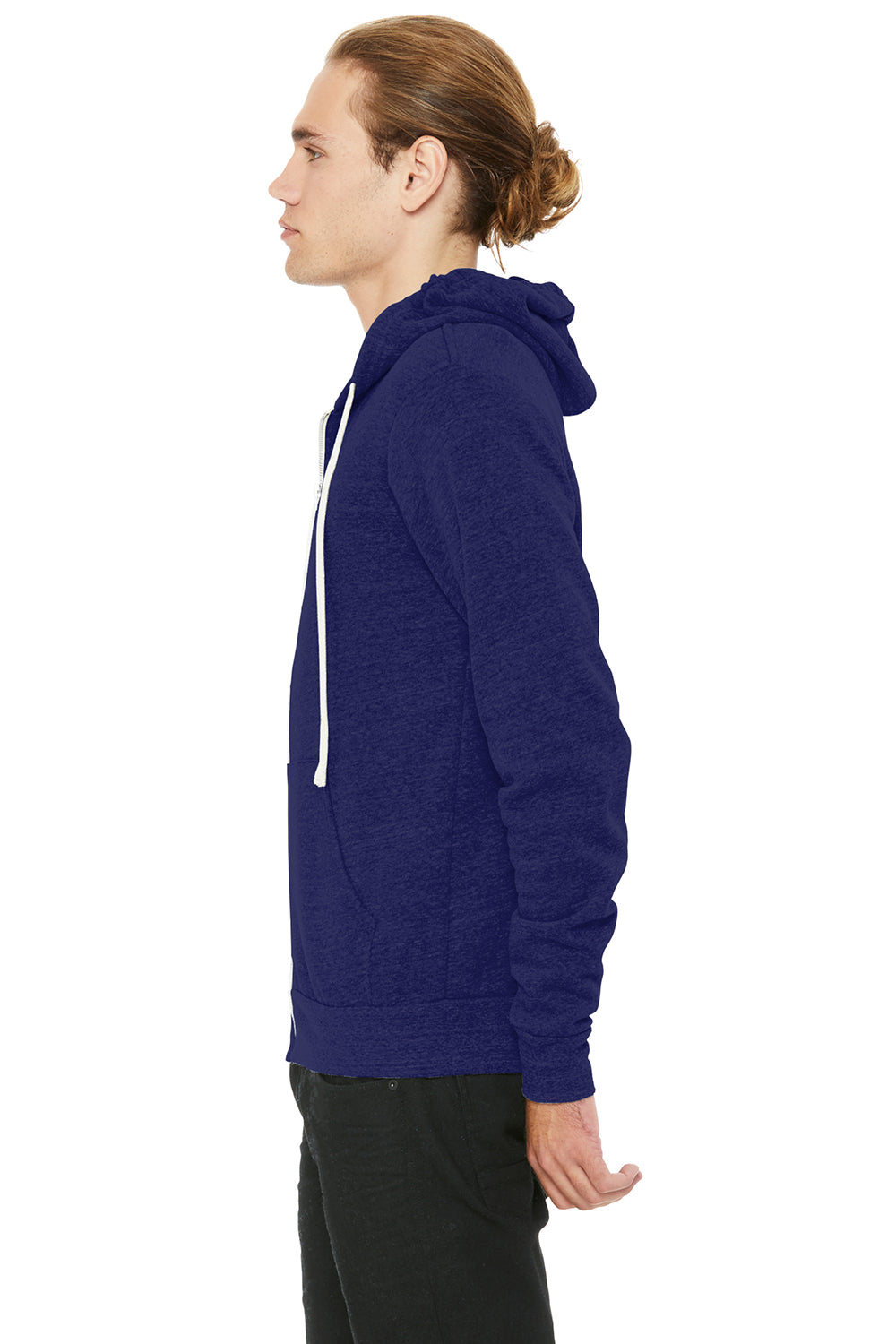 Bella + Canvas BC3909/3909 Mens Sponge Fleece Full Zip Hooded Sweatshirt Hoodie Navy Blue Model Side