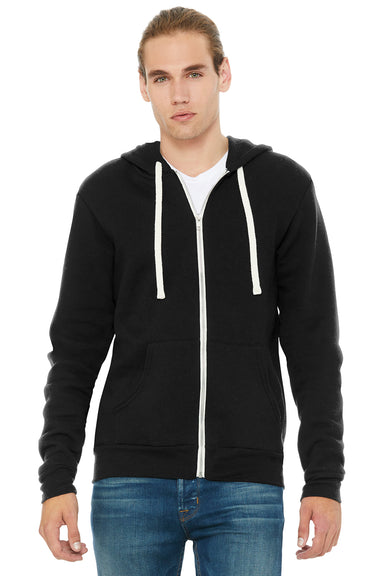 Bella + Canvas BC3909/3909 Mens Sponge Fleece Full Zip Hooded Sweatshirt Hoodie w/ Pockets Solid Black Model Front