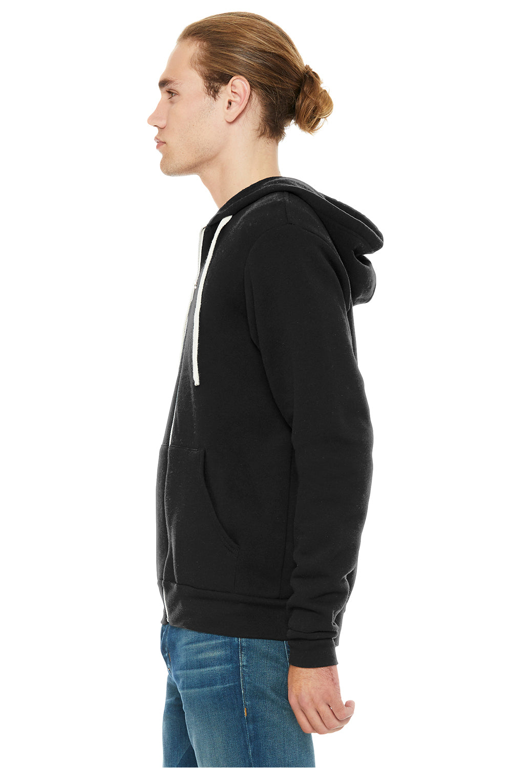 Bella + Canvas BC3909/3909 Mens Sponge Fleece Full Zip Hooded Sweatshirt Hoodie Solid Black Model Side