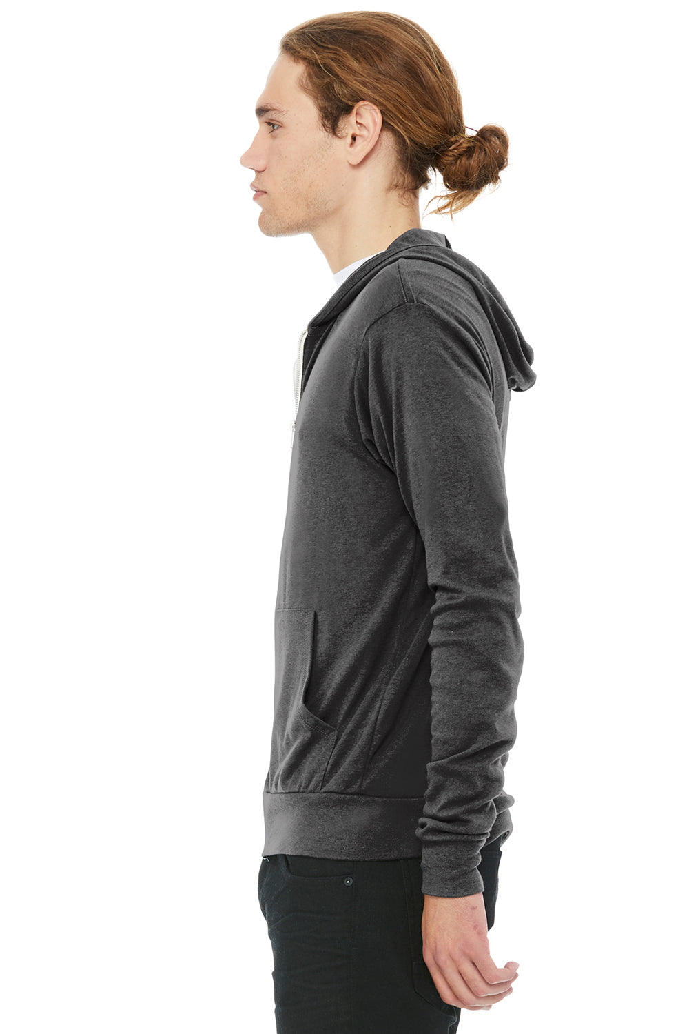 Bella + Canvas BC3939/3939 Mens Full Zip Long Sleeve Hooded T-Shirt Hoodie Charcoal Black Model Side