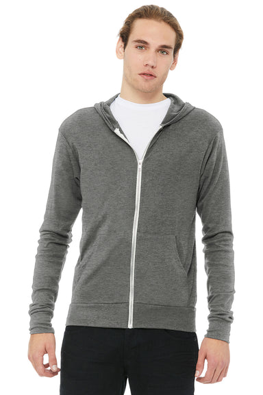Bella + Canvas BC3939/3939 Mens Full Zip Long Sleeve Hooded T-Shirt Hoodie Grey Model Front