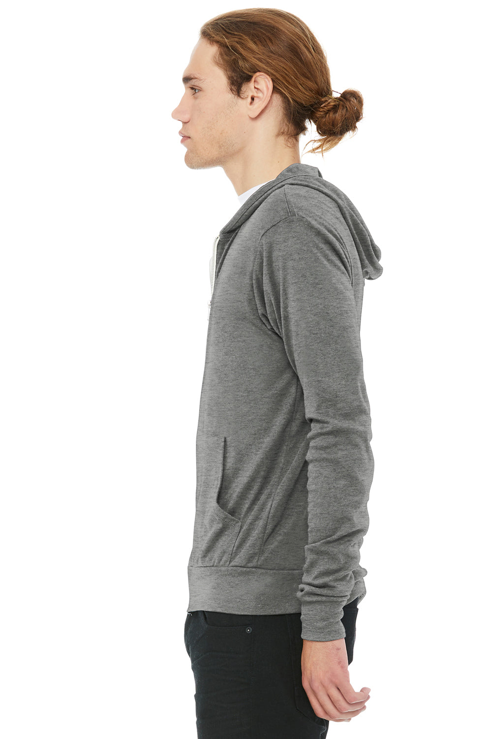 Bella + Canvas BC3939/3939 Mens Full Zip Long Sleeve Hooded T-Shirt Hoodie Grey Model Side